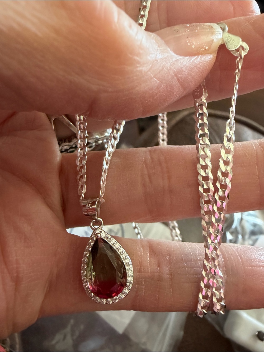 Elegant 925Teardrop Iridescent Pendant Necklace with 925 SS 24in chain